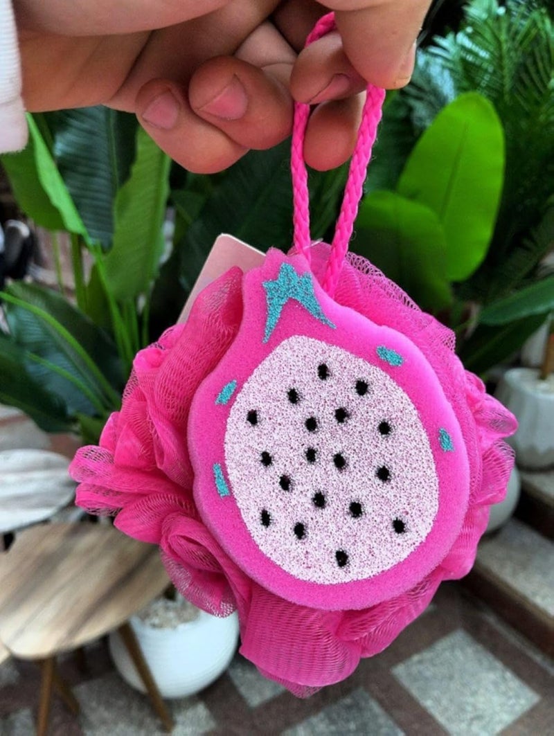 Generic Decorative Bath Loofah with Dragon Fruit Design, Pink Mesh Shower Sponge with Glitter Accent, Hanging Rope Bath Accessory.