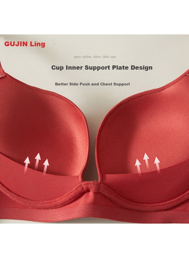 Gujin Women's Underwear Push-up Seamless Comfortable Wire-free Red Bra Rust Red 85a - Image 3