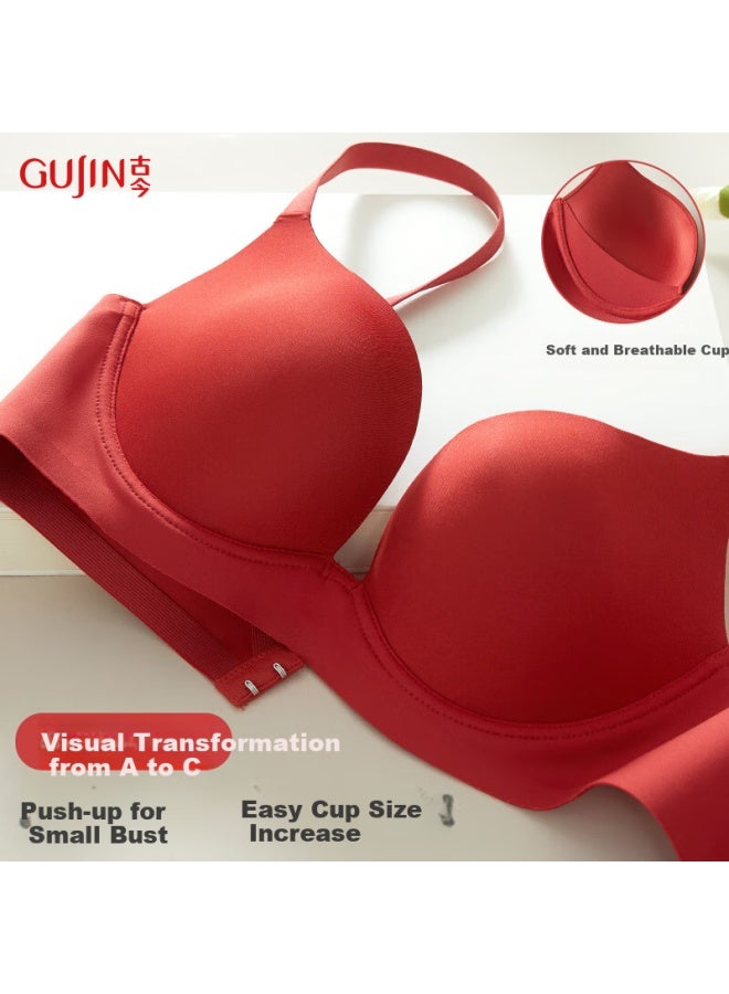 Gujin Women's Underwear Push-up Seamless Comfortable Wire-free Red Bra Rust Red 85a - Image 2
