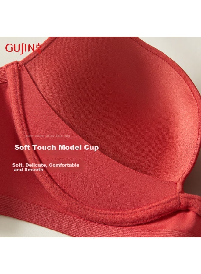 Gujin Women's Underwear Push-up Seamless Comfortable Wire-free Red Bra Rust Red 85a - Image 5