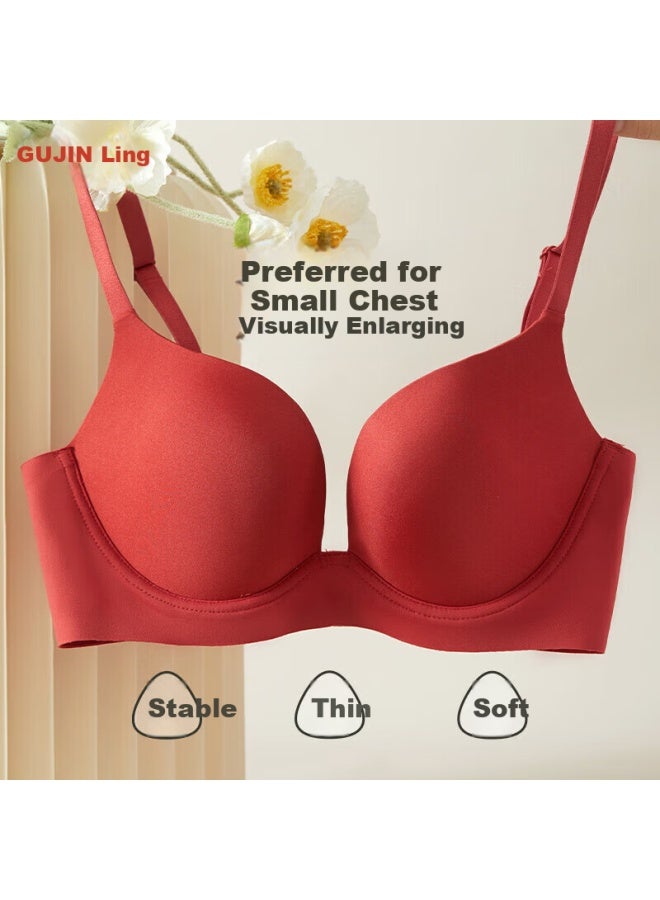 Gujin Women's Underwear Push-up Seamless Comfortable Wire-free Red Bra Rust Red 85a - Image 1