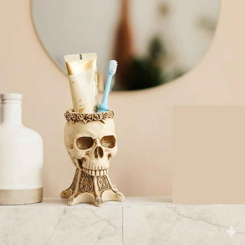 Bathroom Toothbrush Storage Organizer Skull Toothbrush Toothpaste Holder for Bathroom Resin Pen Home Office Home Kitchen(White) - Image 4