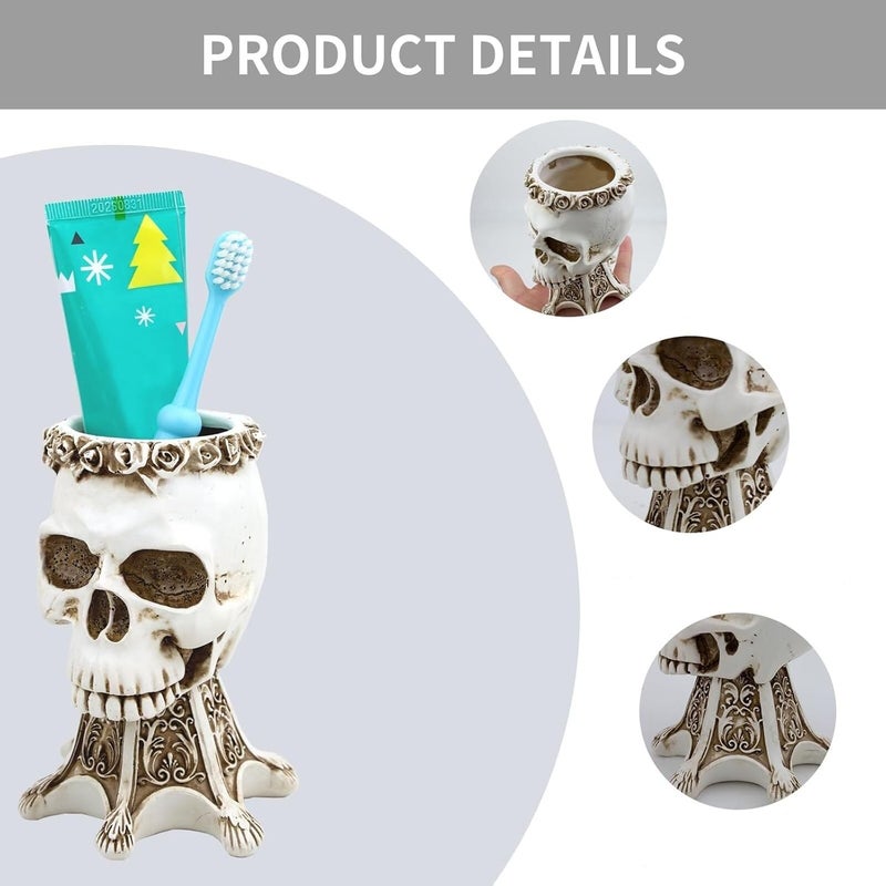 Bathroom Toothbrush Storage Organizer Skull Toothbrush Toothpaste Holder for Bathroom Resin Pen Home Office Home Kitchen(White) - Image 3