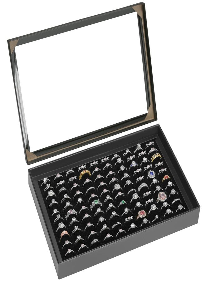 KUKUVR 100 Slots Ring Earring Holder Display Case, Velvet Jewelry Ring Earring Storage Organizer Box Tray with Clear Lid for Women And Selling Show (Black) - Image 1