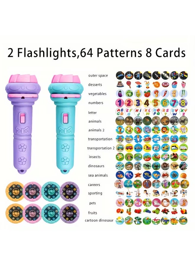 LANGMANNI 2pcs Projector Flashlights, 64 Patterns 8 Cards, Various Patterns As Vehicle, Dinosaur, Animal, Ocean, Outer Space, Bedtime Toys, Early Childhood Education, Puzzle Toys - Image 1
