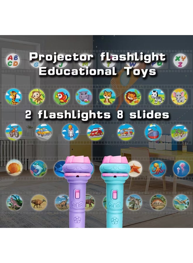 LANGMANNI 2pcs Projector Flashlights, 64 Patterns 8 Cards, Various Patterns As Vehicle, Dinosaur, Animal, Ocean, Outer Space, Bedtime Toys, Early Childhood Education, Puzzle Toys - Image 3