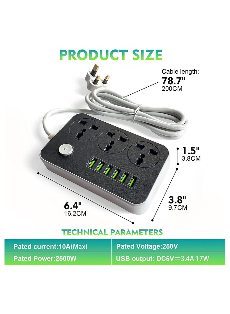 Power Strips Extension Cord 3 Outlets, Power Socket with 6 USB Ports Universal Charging Socket with 2M Bold Extension Cord  - Image 4