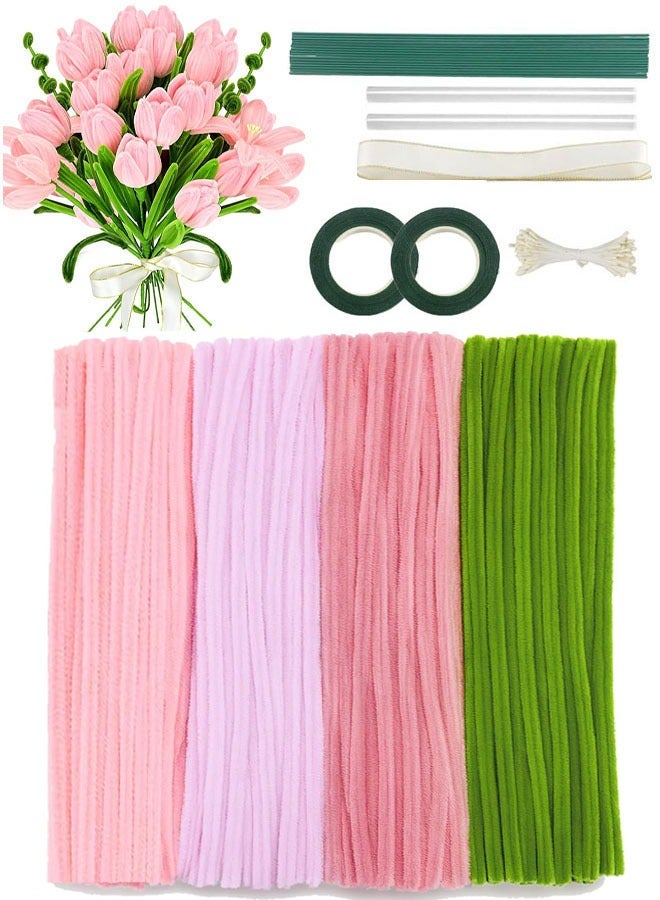 400 Pcs Pipe Cleaners Craft, 4 Assorted Colors Pipe Cleaners Bulk, Chenille Stems for DIY Flower Making Kit with Floral Wires, Gardening Tape,Stamen, Ribbon and Hot Glue Sticks Arts - Image 1