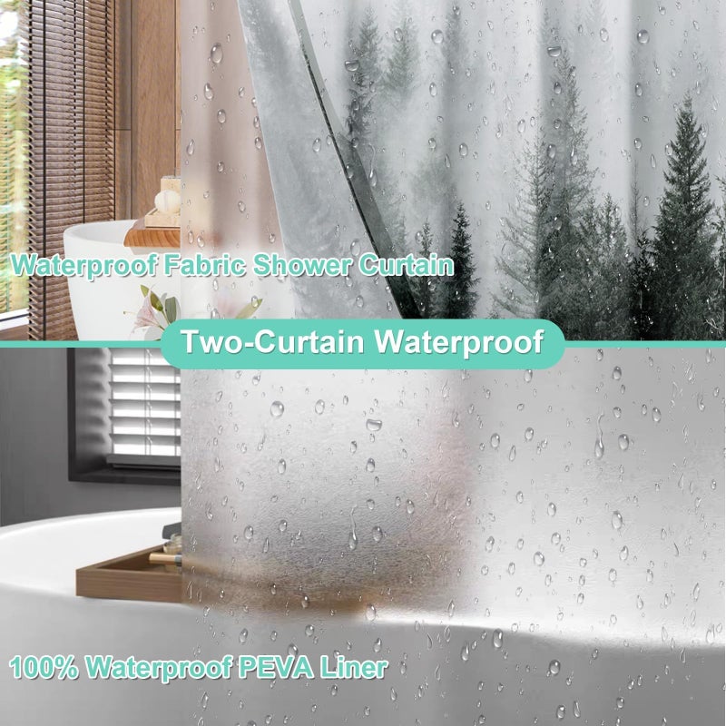 ORTIGIA 3 in 1 Waterproof Shower Curtain and Clear PEVA Liner Set with 12 Double Sided Metal Shower Curtain Hooks, Black Misty Forest Tree Soft Fabric Shower Curtain for Bathroom - 72 Wx72 L - Image 4