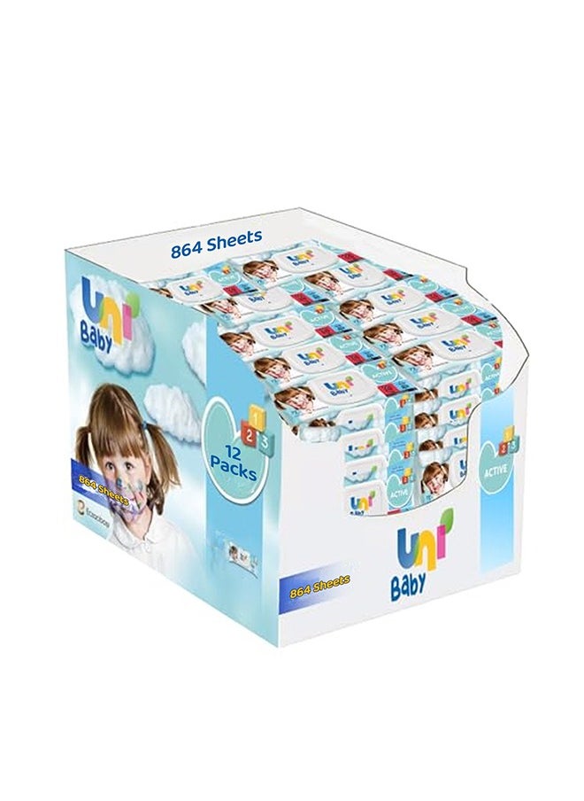 Uni baby - Pack Of 12 Active Baby Wipes For 24 Months+, Fragrance Free, 72 Pieces In Each Pack, 864  Wipes - Alcohol And Paraben Free, Skin Friendly Formula With Moisturizing Care - Image 1