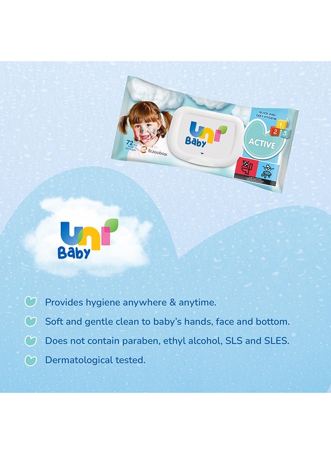 Uni baby - Pack Of 12 Active Baby Wipes For 24 Months+, Fragrance Free, 72 Pieces In Each Pack, 864  Wipes - Alcohol And Paraben Free, Skin Friendly Formula With Moisturizing Care - Image 1