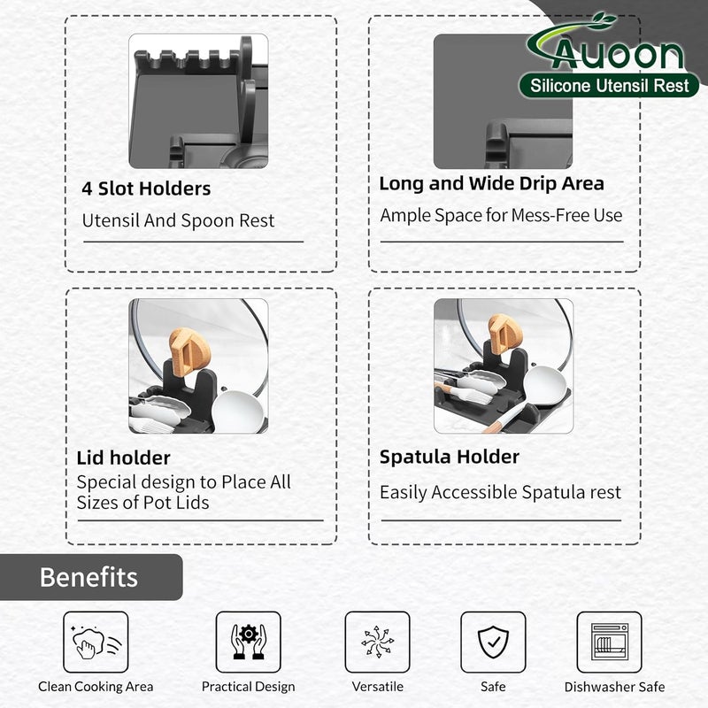 AUOON Spoon Rest for Stove Top - Silicone Utensil Rest with Drip Pad for Kitchen Counter | Practical Kitchen Gadgets for Cooking | Dishwasher Safe (Grey, Large) - Image 5