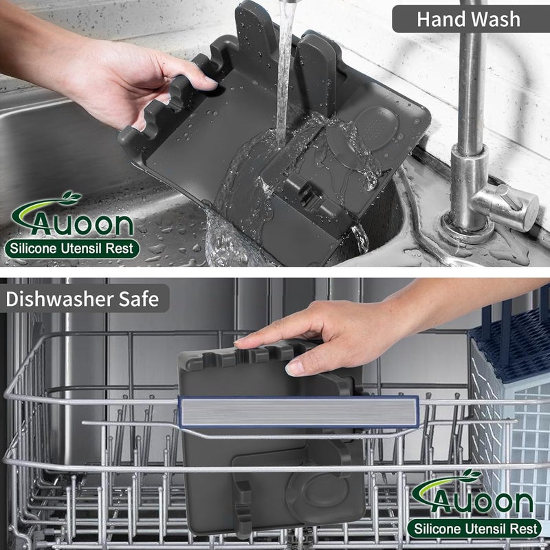 AUOON Spoon Rest for Stove Top - Silicone Utensil Rest with Drip Pad for Kitchen Counter | Practical Kitchen Gadgets for Cooking | Dishwasher Safe (Grey, Large) - Image 4