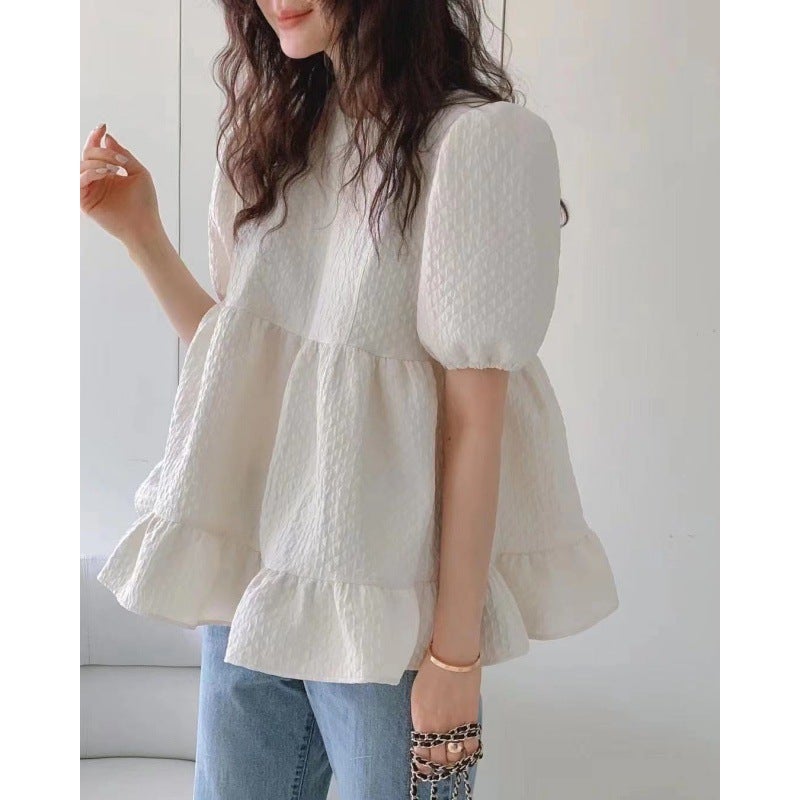 Summer Korean Style Loose Niche Puff Sleeve Top Ruffled Babydoll Shirt Sweet Short-Sleeved Shirt For Women - Image 1
