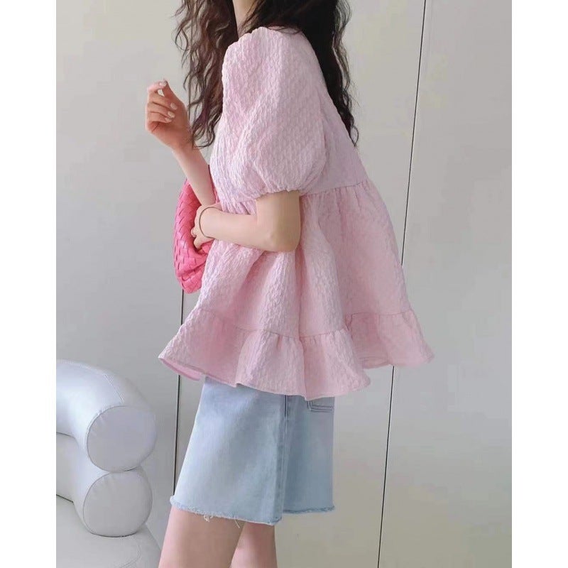 Summer Korean Style Loose Niche Puff Sleeve Top Ruffled Babydoll Shirt Sweet Short-Sleeved Shirt For Women - Image 2