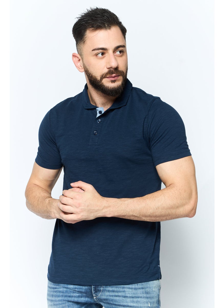 Project Essentials - Men Regular Fit Stripe Short Sleeve Polo Shirt, Navy - Image 1