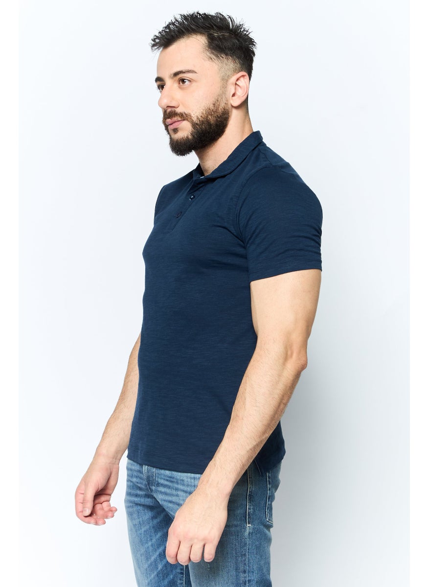 Project Essentials - Men Regular Fit Stripe Short Sleeve Polo Shirt, Navy - Image 1