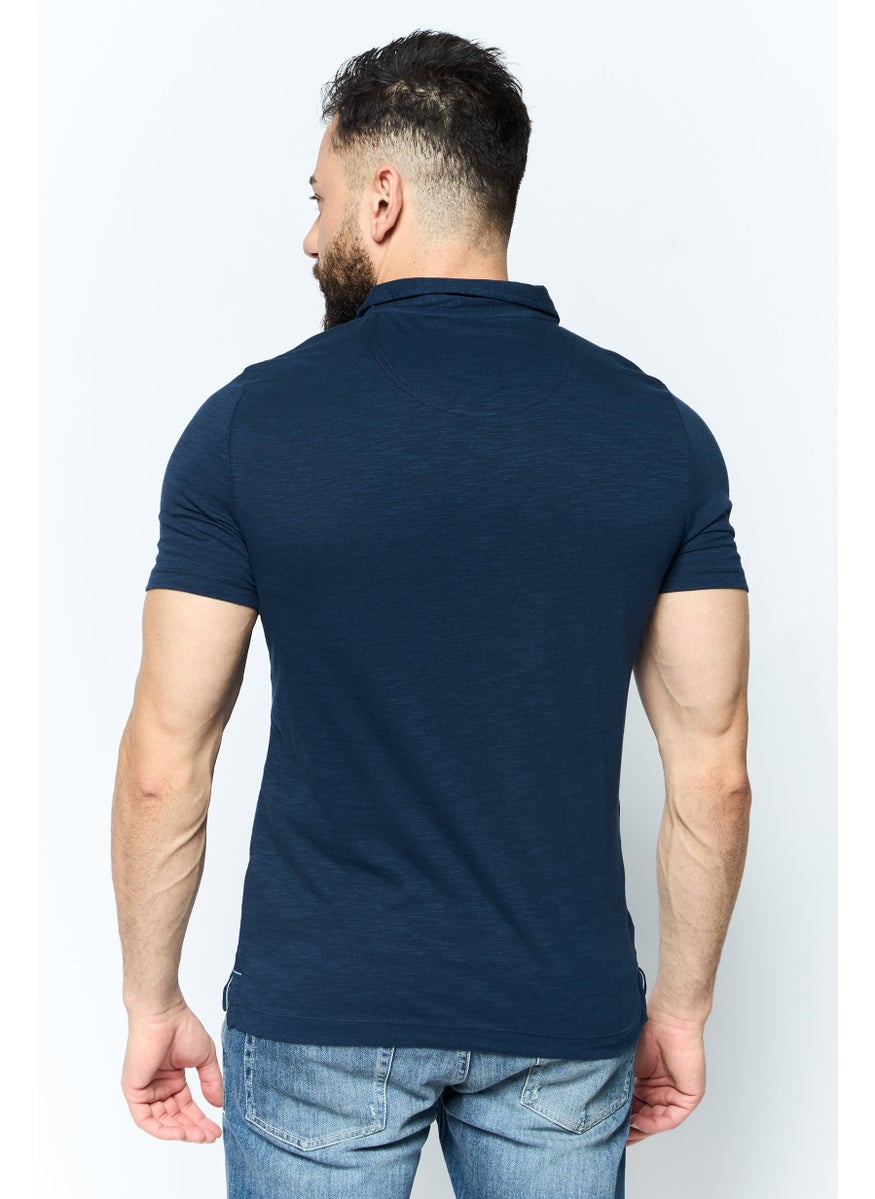 Project Essentials - Men Regular Fit Stripe Short Sleeve Polo Shirt, Navy - Image 1