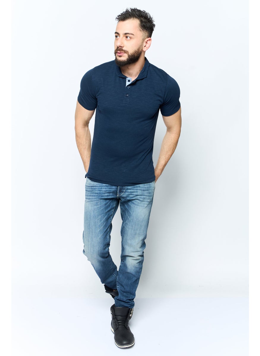 Project Essentials - Men Regular Fit Stripe Short Sleeve Polo Shirt, Navy - Image 1