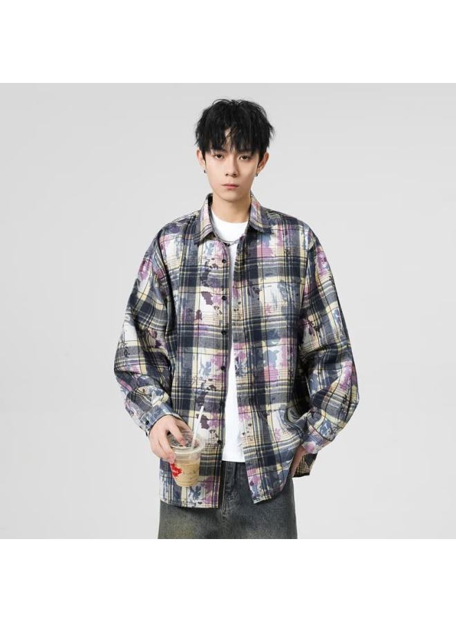 Poum Vintage Tie-dye Long-sleeve Shirt, Spring And Autumn Style, Men's Casual Trendy Brand, Loose-fitting Shirt Jacket, 2389 Purple, Size M - Image 2