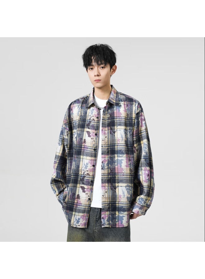 Poum Vintage Tie-dye Long-sleeve Shirt, Spring And Autumn Style, Men's Casual Trendy Brand, Loose-fitting Shirt Jacket, 2389 Purple, Size M - Image 3
