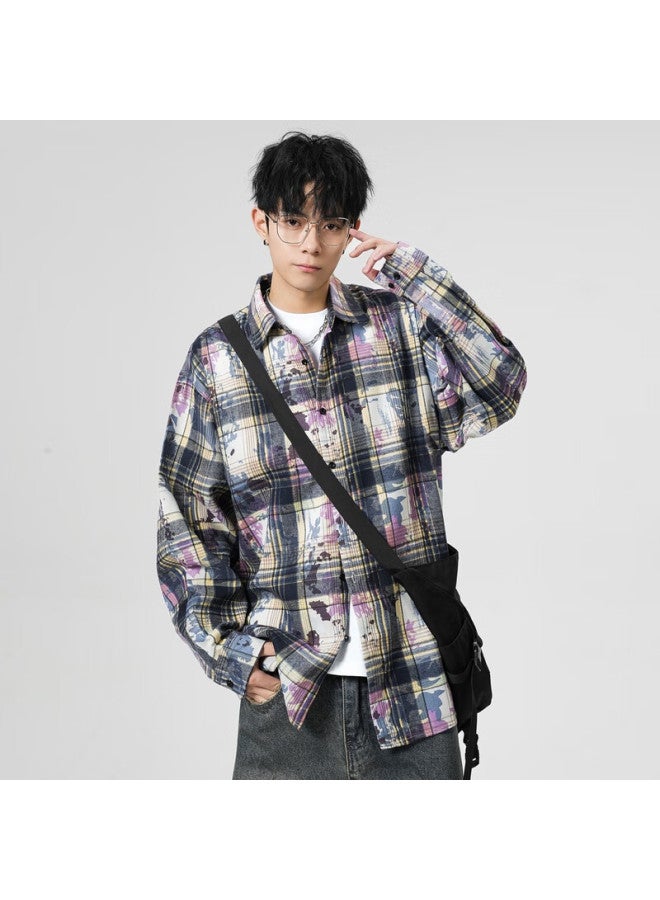 Poum Vintage Tie-dye Long-sleeve Shirt, Spring And Autumn Style, Men's Casual Trendy Brand, Loose-fitting Shirt Jacket, 2389 Purple, Size M - Image 4