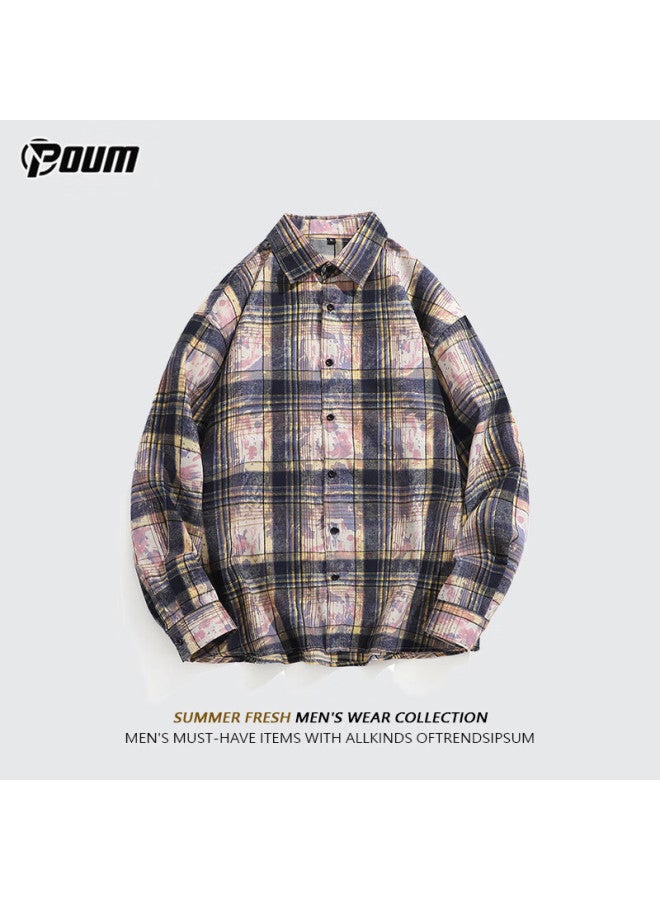 Poum Vintage Tie-dye Long-sleeve Shirt, Spring And Autumn Style, Men's Casual Trendy Brand, Loose-fitting Shirt Jacket, 2389 Purple, Size M - Image 1