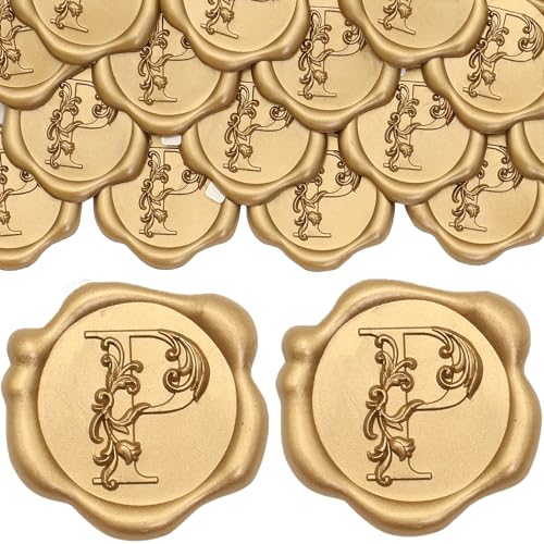 SWANGSA Initial Alphabet Wax Seal Stickers, 50 Pcs Antique Gold 3D Floral Letter P Envelope Seal Stickers Self- Adhesive, Perfect for Wedding Invitation, Christmas, Gift Wrapping - Image 1