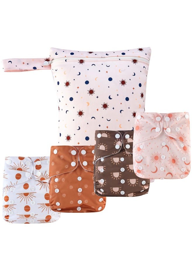 Happy Flute HappyFlute 9 Sets Newborn Baby Cloth Pocket Diapers One Size Adjustable Reusable Washable for Baby Boys and Girls(6-33 pounds,0-3 Years),One Wet Bag+4Diapers and 4Inserts - Image 1