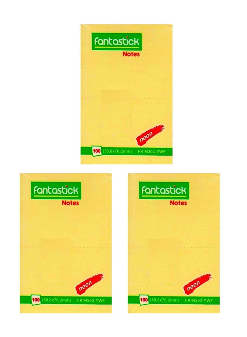 Fantastick 3-Piece Sticky Notes 2x3 Inch Size Neon Yellow - Image 1