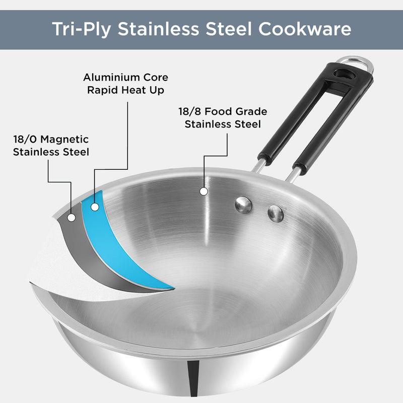 Kraft Futuretec Triply Stainless Steel Wok – 20 cm, 2.5 mm Thick Wok | Ideal for Stir-Frying, Sautéing & Tossing | Healthy Cooking with Less Oil & Even Heat Distribution - Image 4