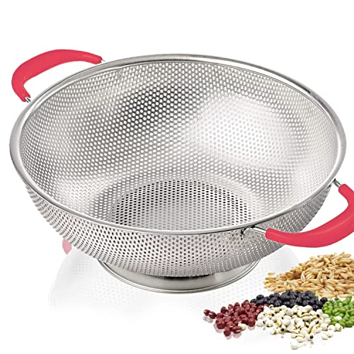 HIFFION 5-Quart Colander 18/8 Stainless Steel Colander Silicone Handle Large Heavy Duty Professional Kitchen Strainer Great For Pasta, Berry, Veggies, Noodles, Fruits - Pink - Image 1