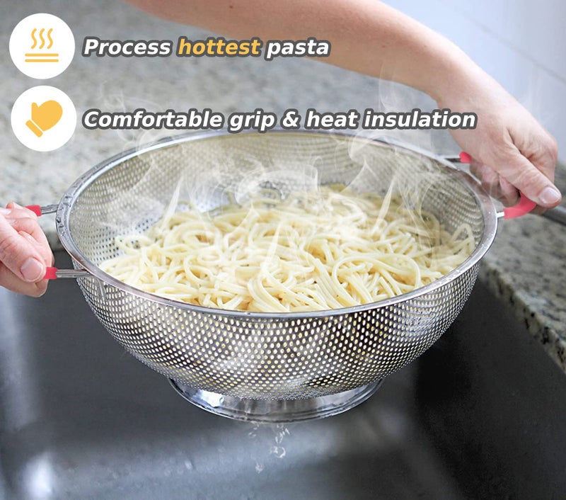 HIFFION 5-Quart Colander 18/8 Stainless Steel Colander Silicone Handle Large Heavy Duty Professional Kitchen Strainer Great For Pasta, Berry, Veggies, Noodles, Fruits - Pink - Image 3