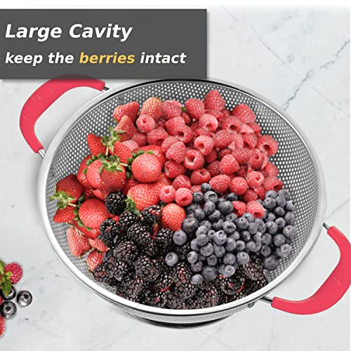 HIFFION 5-Quart Colander 18/8 Stainless Steel Colander Silicone Handle Large Heavy Duty Professional Kitchen Strainer Great For Pasta, Berry, Veggies, Noodles, Fruits - Pink - Image 2