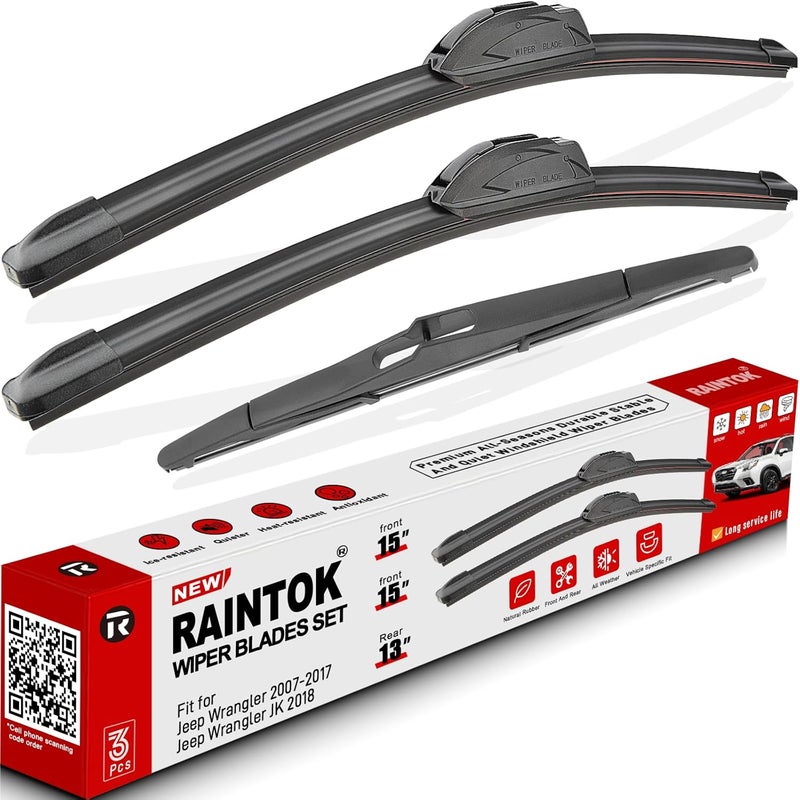 Raintok Windshield Wiper Blades Replacement for 2007-2017 Jeep Wrangler 2008-2018 Wrangler JK Original Factory Quality Front Rear Wipers Blade Set for My Car - 15" 15" 13" (Pack of 3) - Image 1