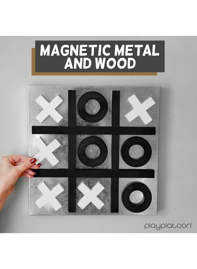 Play Platoon Magnetic Tic Tac Toe Game - Large Metal and Wooden Wall Mounted Board Games - 13.5 Inch Table Top or Wall Mounted Farmhouse Rustic for Game Room - Black & White - Image 4