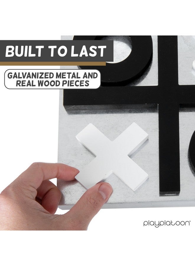 Play Platoon Magnetic Tic Tac Toe Game - Large Metal and Wooden Wall Mounted Board Games - 13.5 Inch Table Top or Wall Mounted Farmhouse Rustic for Game Room - Black & White - Image 3