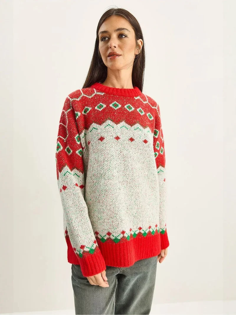 Bianco Lucci LUCCI Oversized Geometric Knit Sweater