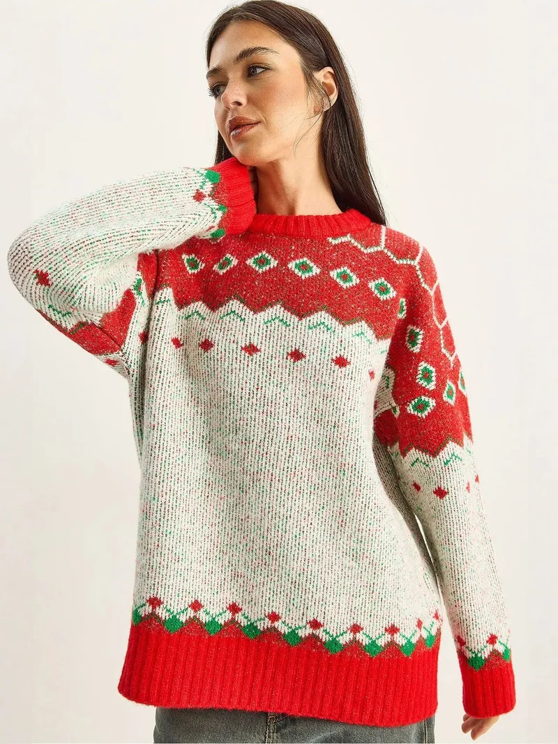 Bianco Lucci LUCCI Oversized Geometric Knit Sweater