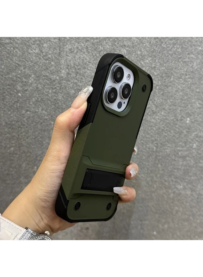 iPhone 13 Dark Green Hybrid PC Armor Phone Case with Folding Stand Shockproof Protective Cover - Image 1
