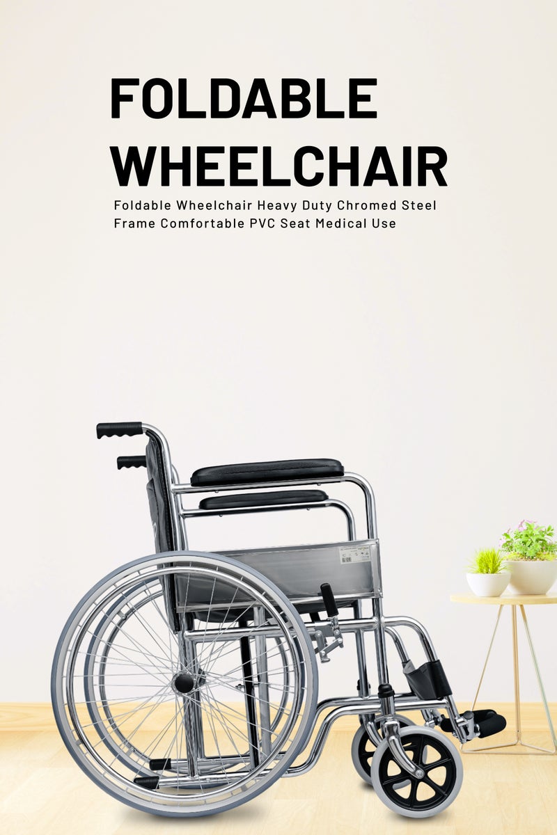 Aidplus Foldable Wheelchair Heavy Duty Chromed Steel Frame Comfortable PVC Seat Medical Use  - Image 2