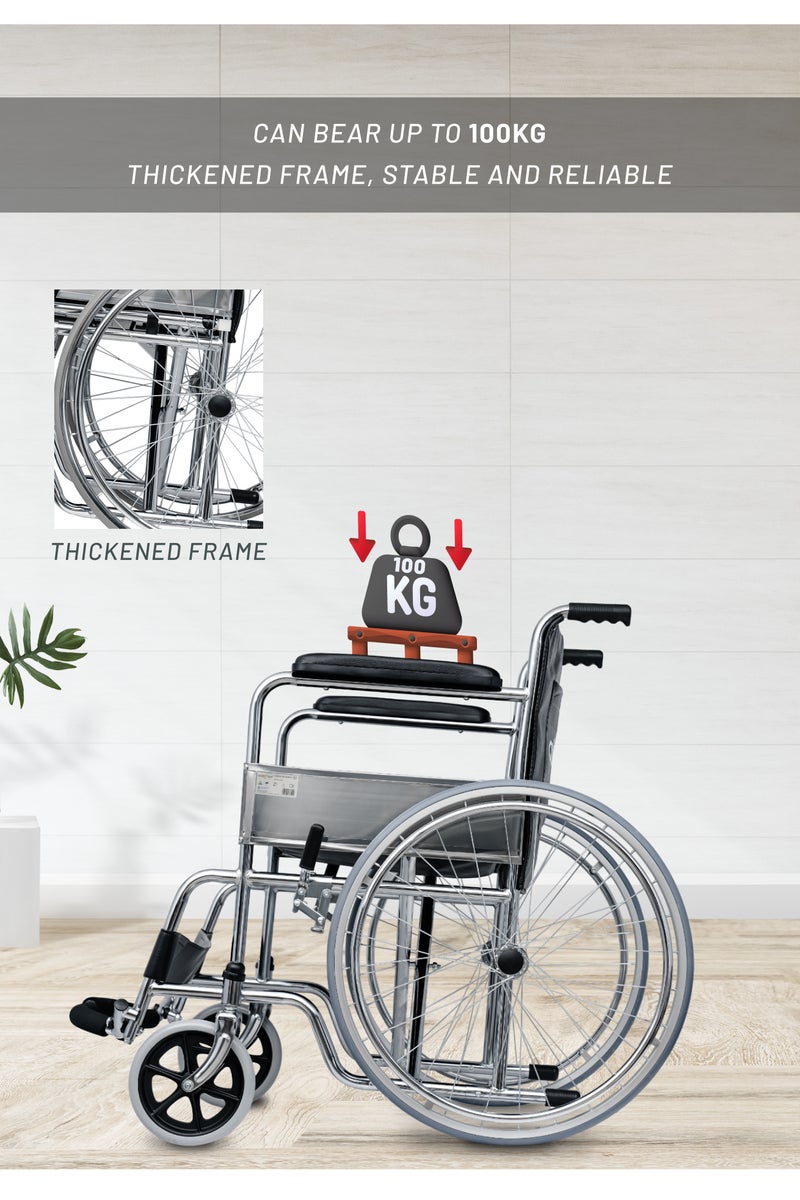 Aidplus Foldable Wheelchair Heavy Duty Chromed Steel Frame Comfortable PVC Seat Medical Use  - Image 3