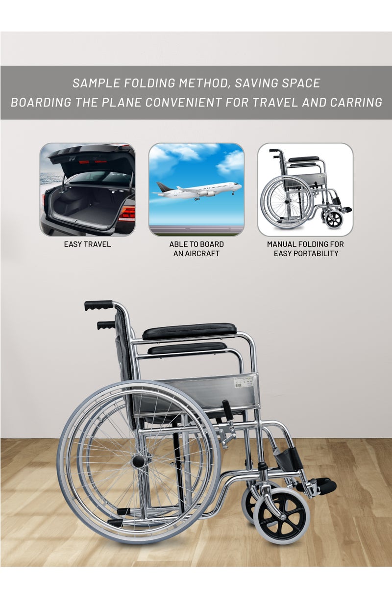 Aidplus Foldable Wheelchair Heavy Duty Chromed Steel Frame Comfortable PVC Seat Medical Use  - Image 5