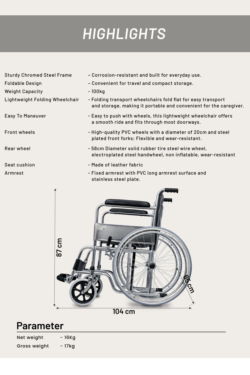 Aidplus Foldable Wheelchair Heavy Duty Chromed Steel Frame Comfortable PVC Seat Medical Use  - Image 4