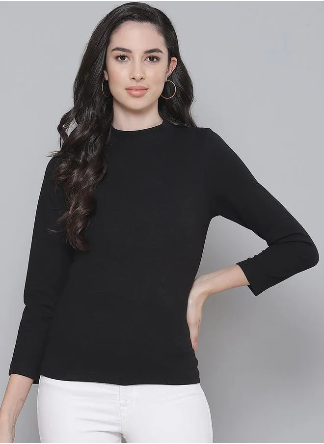 SASSAFRAS High Neck Rib Knit Top with 3/4 Sleeve by Styli