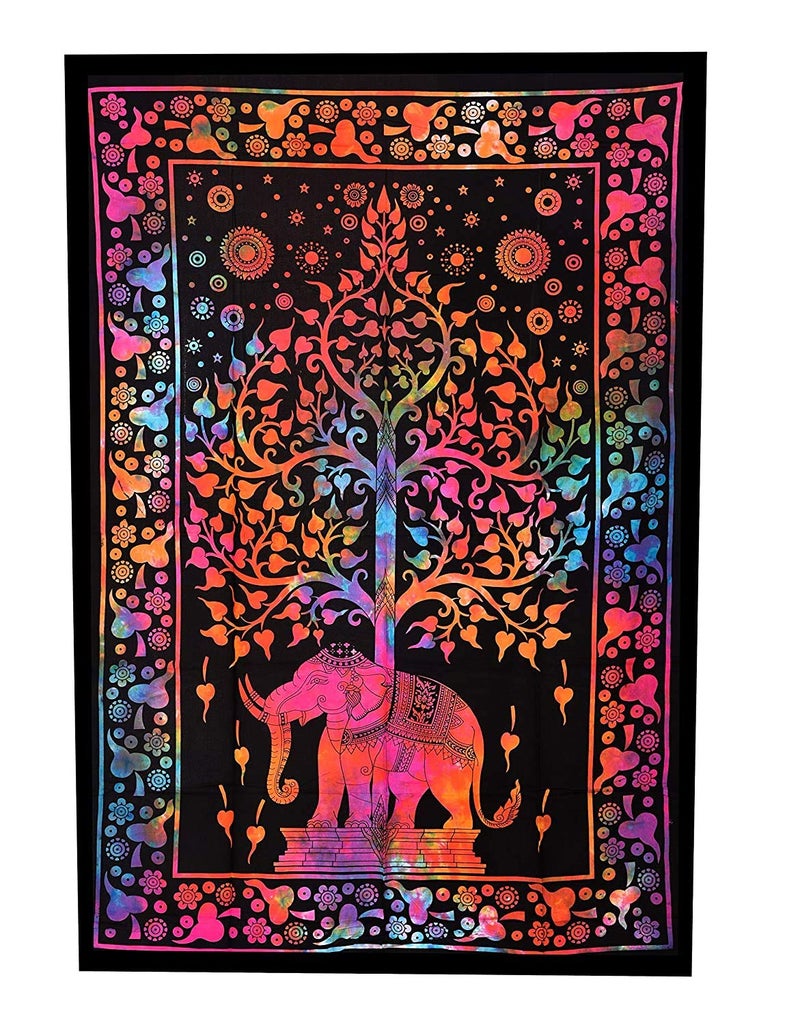 Doraya Psychedelic Elephant Tree Tie Dye Mandala Tapestry Hippie Hippy Celestial Wall Hanging Indian Bohemian Tapestries Multicolour 2 Twin 54x84 Inches