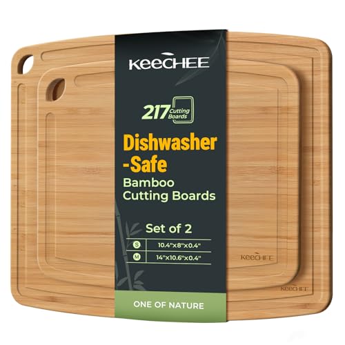Keechee Dishwasher Safe Bamboo Cutting Boards Durable Lightweight Wood Cutting Board for Busy Kitchen, Easy Storage & Clean Wooden Chopping Boards with Juice Groove Set of 2 (M+S) - Image 1