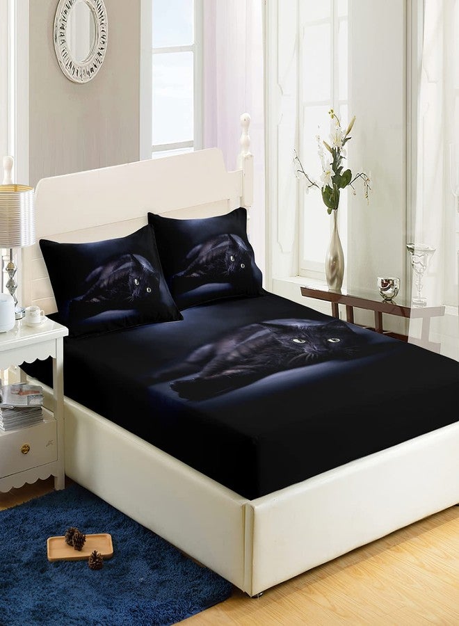 AILONEN Cat Fitted Sheet for Teens, 3D Black Cat Sheet Set Twin Size,Black Cat Bedsheets Set,Cat Bed Sheet Set for Bedroom,Cat Bedding Set,1 Fitted Sheet and 2 Pillow Case,3 Piece - Image 1