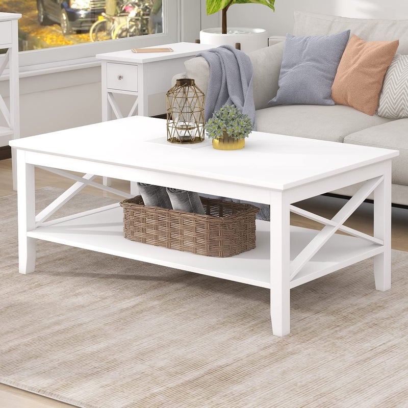 ChooChoo White Coffee Table Classic X Design for Living Room Rectangular Modern Cocktail Table with Storage Shelf 39 Inch