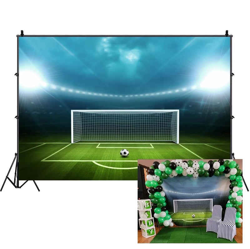 AOFOTO 7x5ft Soccer Field Background Football Pitch Goal Post Ball Game Stadium Spotlight Photography Backdrop Sports Club Fitness Player School Match Photo Studio Props Kid Boy Portrait Wallpaper
